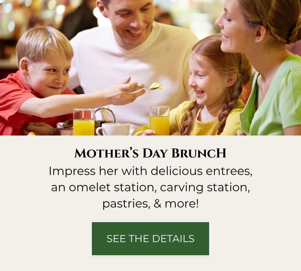 A slide featuring a family having brunch and details of The Lodge's Mother's Day Brunch 2026