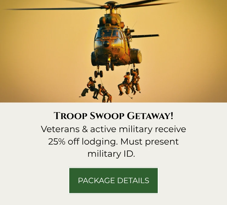 A slide featuring a military helicopter and details of The Lodge's Troop Swoop special 2026