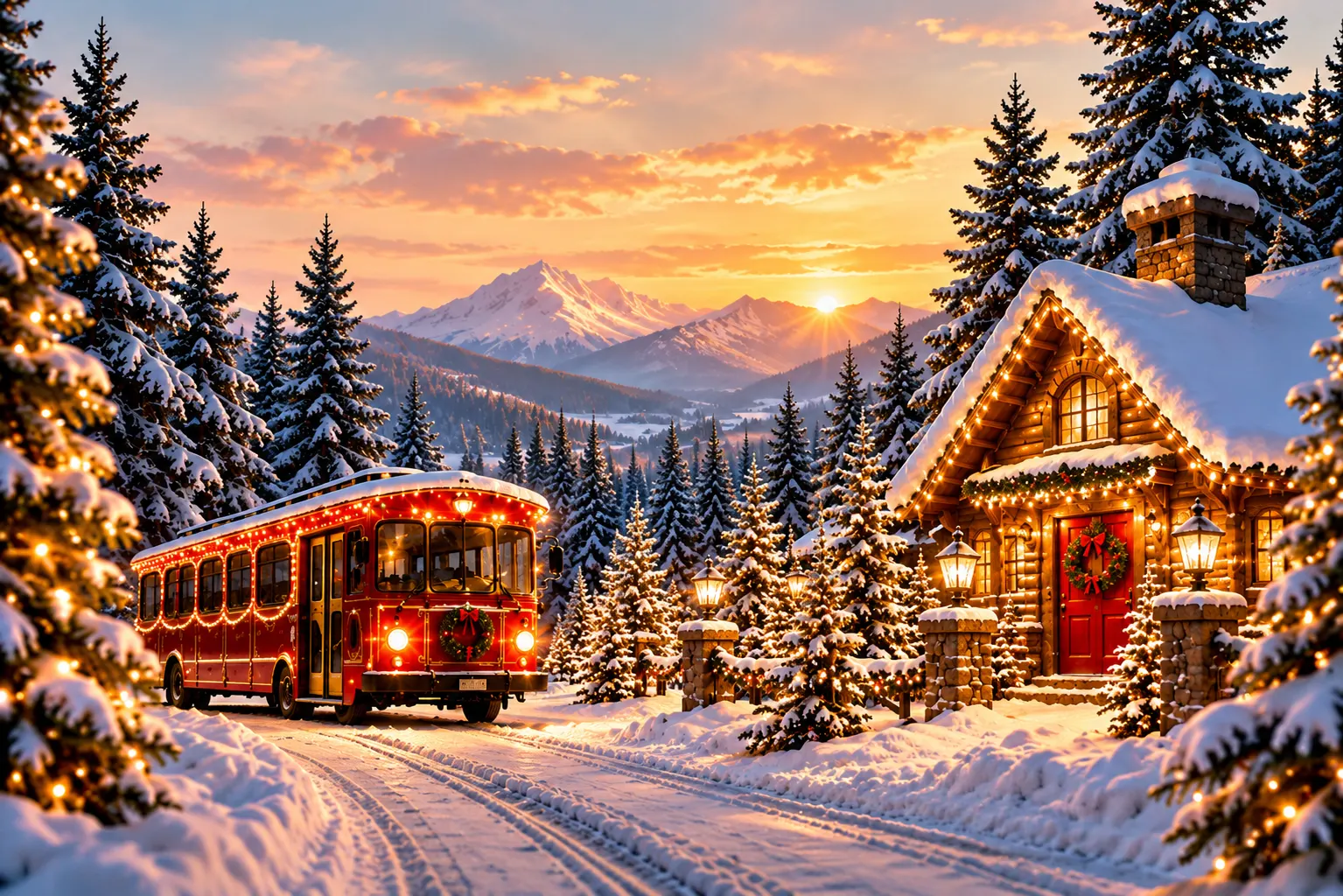 Snowy Alpine Christmas Village Sunset